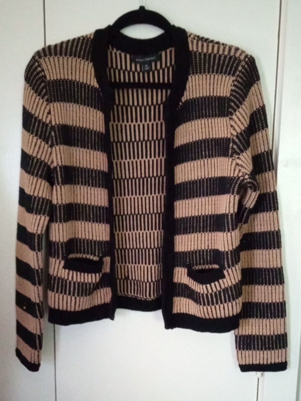 Banana Republic Black and Beige Striped Open Cardigan Cotton Blend Ribbed Medium